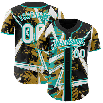 Custom Black White Old Gold-Aqua Geometric Shards Dot Grid Authentic Baseball Jersey