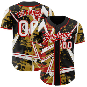 Custom Black White Old Gold-Red Geometric Shards Dot Grid Authentic Baseball Jersey