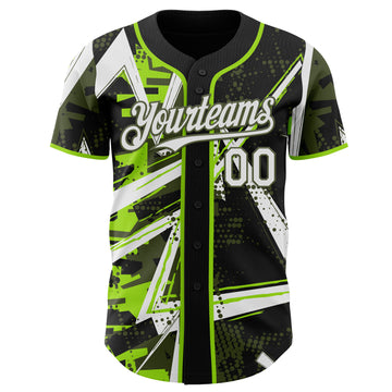 Custom Black White Neon Green-Olive Geometric Shards Dot Grid Authentic Baseball Jersey