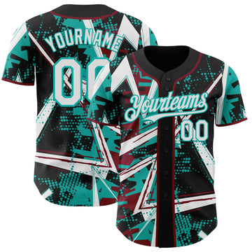 Custom Black White Crimson-Aqua Geometric Shards Dot Grid Authentic Baseball Jersey