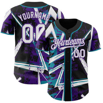 Custom Black White Teal-Purple Geometric Shards Dot Grid Authentic Baseball Jersey