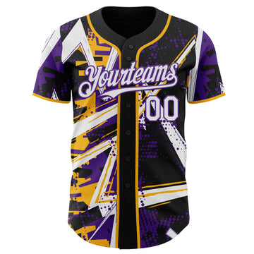 Custom Black White Gold-Purple Geometric Shards Dot Grid Authentic Baseball Jersey