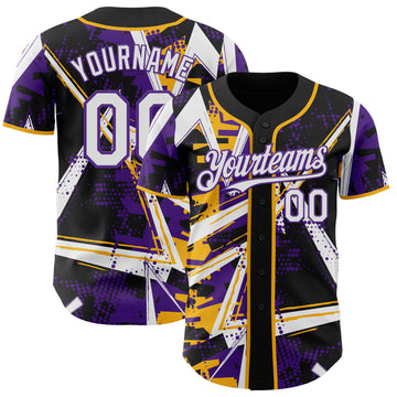 Custom Black White Gold-Purple Geometric Shards Dot Grid Authentic Baseball Jersey
