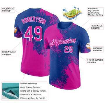 Custom Royal Deep Pink-White Abstract Brush Stroke Performance T-Shirt