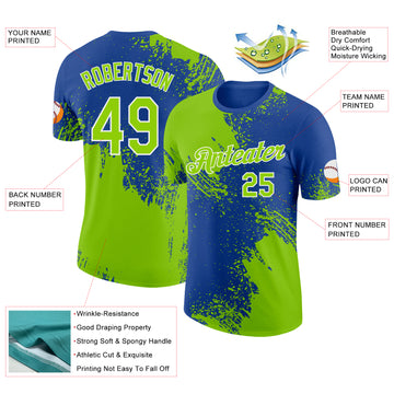 Custom Royal Neon Green-White Abstract Brush Stroke Performance T-Shirt