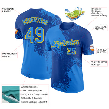 Custom Royal Powder Blue-Yellow Abstract Brush Stroke Performance T-Shirt