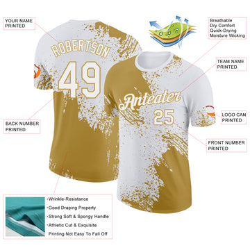 Custom White-Old Gold Abstract Brush Stroke Performance T-Shirt