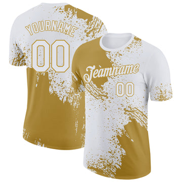 Custom White-Old Gold Abstract Brush Stroke Performance T-Shirt