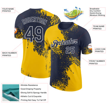 Custom Navy Yellow-White Abstract Brush Stroke Performance T-Shirt