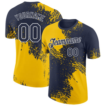 Custom Navy Yellow-White Abstract Brush Stroke Performance T-Shirt