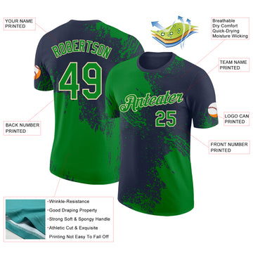 Custom Navy Grass Green-Cream Abstract Brush Stroke Performance T-Shirt
