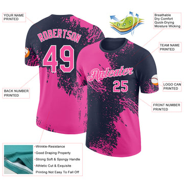 Custom Navy Pink-White Abstract Brush Stroke Performance T-Shirt