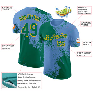 Custom Light Blue Kelly Green-Gold Abstract Brush Stroke Performance T-Shirt