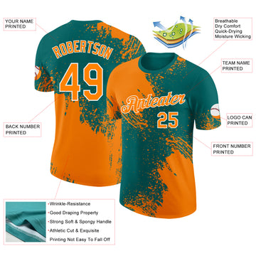 Custom Teal Bay Orange-White Abstract Brush Stroke Performance T-Shirt
