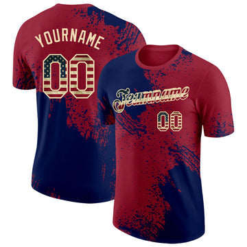 Custom Crimson Vintage USA Flag Navy-Cream Abstract Brush Stroke Performance T-Shirt