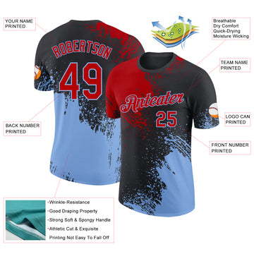 Custom Black Red-Light Blue Abstract Brush Stroke Performance T-Shirt