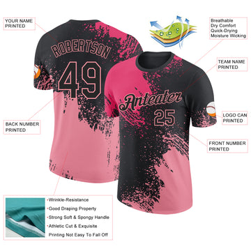 Custom Black Neon Pink-Medium Pink Abstract Brush Stroke Performance T-Shirt