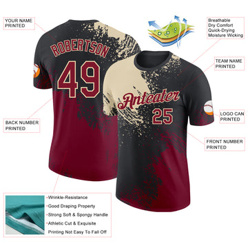 Custom Black Crimson-Cream Abstract Brush Stroke Performance T-Shirt