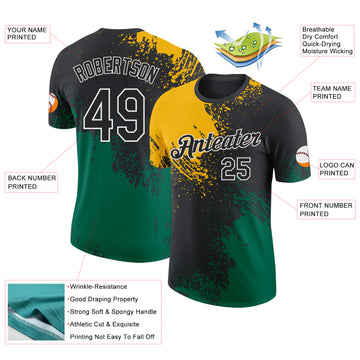 Custom Black Gold Kelly Green-White Abstract Brush Stroke Performance T-Shirt
