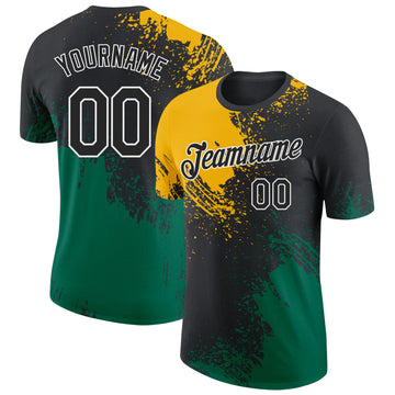 Custom Black Gold Kelly Green-White Abstract Brush Stroke Performance T-Shirt