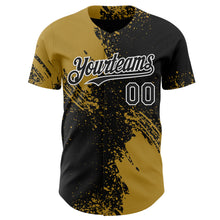 Load image into Gallery viewer, Custom Black Old Gold-White Abstract Brush Stroke Authentic Baseball Jersey
