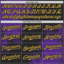 Laden Sie das Bild in den Galerie-Viewer, Custom Black Old Gold-Purple Abstract Brush Stroke Authentic Baseball Jersey
