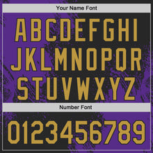 Laden Sie das Bild in den Galerie-Viewer, Custom Black Old Gold-Purple Abstract Brush Stroke Authentic Baseball Jersey
