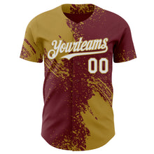 Load image into Gallery viewer, Custom Burgundy White-Old Gold Abstract Brush Stroke Authentic Baseball Jersey
