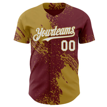 Custom Burgundy White-Old Gold Abstract Brush Stroke Authentic Baseball Jersey