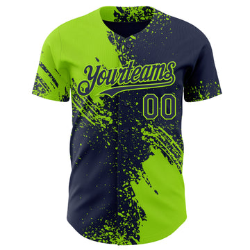 Custom Navy-Neon Green Abstract Brush Stroke Authentic Baseball Jersey