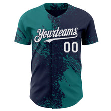 Laden Sie das Bild in den Galerie-Viewer, Custom Navy White-Teal Abstract Brush Stroke Authentic Baseball Jersey
