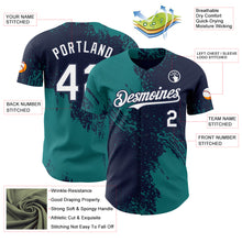 Laden Sie das Bild in den Galerie-Viewer, Custom Navy White-Teal Abstract Brush Stroke Authentic Baseball Jersey
