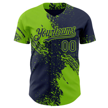 Custom Navy-Neon Green Abstract Brush Stroke Authentic Baseball Jersey