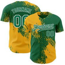 Load image into Gallery viewer, Custom Kelly Green Gold-White Abstract Brush Stroke Authentic Baseball Jersey
