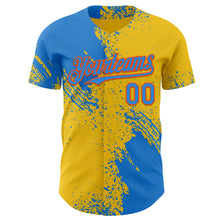 Laden Sie das Bild in den Galerie-Viewer, Custom Yellow Electric Blue-Orange Abstract Brush Stroke Authentic Baseball Jersey
