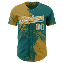 Load image into Gallery viewer, Custom Teal Old Gold-White Abstract Brush Stroke Authentic Baseball Jersey
