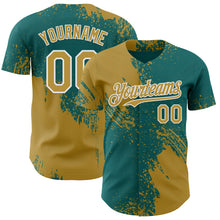 Load image into Gallery viewer, Custom Teal Old Gold-White Abstract Brush Stroke Authentic Baseball Jersey
