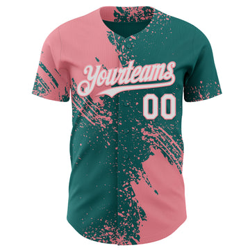 Custom Teal White-Medium Pink Abstract Brush Stroke Authentic Baseball Jersey