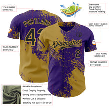 Charger l'image dans la galerie, Custom Purple Black-Old Gold Abstract Brush Stroke Authentic Baseball Jersey
