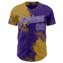 Load image into Gallery viewer, Custom Purple Old Gold-White Abstract Brush Stroke Authentic Baseball Jersey
