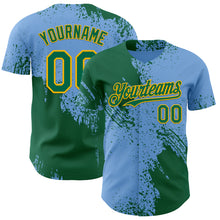 Load image into Gallery viewer, Custom Light Blue Kelly Green-Gold Abstract Brush Stroke Authentic Baseball Jersey
