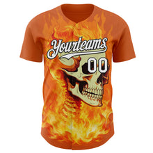Load image into Gallery viewer, Custom Orange White-Black Flames Skull Authentic Baseball Jersey
