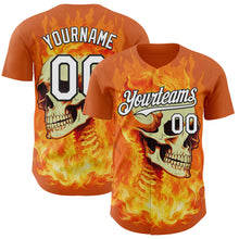 Load image into Gallery viewer, Custom Orange White-Black Flames Skull Authentic Baseball Jersey
