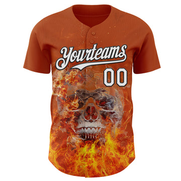 Custom Texas Orange White-Black Flames Skull Authentic Baseball Jersey