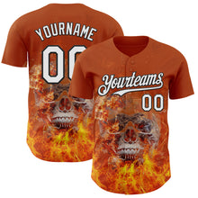 Load image into Gallery viewer, Custom Texas Orange White-Black Flames Skull Authentic Baseball Jersey

