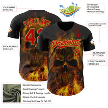 Load image into Gallery viewer, Custom Black Red-Old Gold Flames Skull Authentic Baseball Jersey
