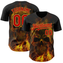 Load image into Gallery viewer, Custom Black Red-Old Gold Flames Skull Authentic Baseball Jersey
