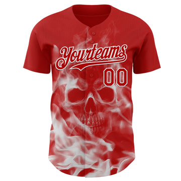 Custom Red-White Flames Skull Smoke Authentic Baseball Jersey