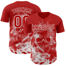 Laden Sie das Bild in den Galerie-Viewer, Custom Red-White Flames Skull Smoke Authentic Baseball Jersey
