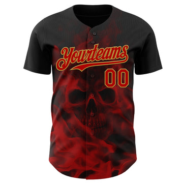 Custom Black Red-Old Gold Flames Skull Smoke Authentic Baseball Jersey